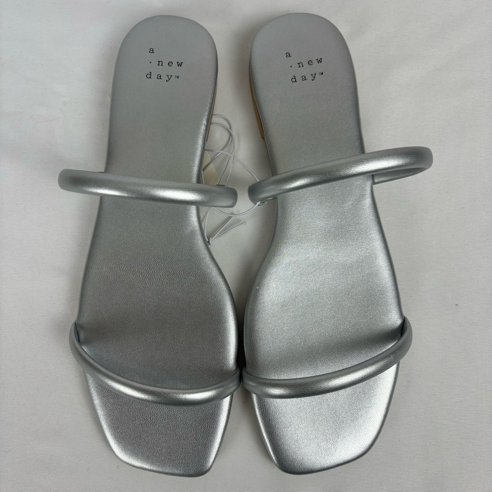 A New Day Sandals Skinny Strap Slip On Summer Casual Shoes Silver Size 8.5